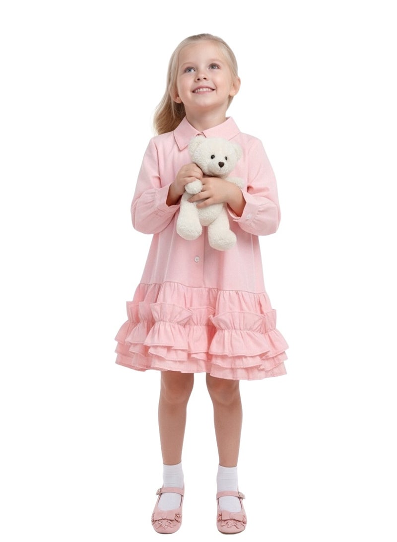 WiNi BEE Girls Shirt Dress Long Sleeve with Ruffles - Button Down Collared Dress for School,Family Photos, Toddler Girl Dress 2T-3T, Little Girl 4-10 Years - Image 4